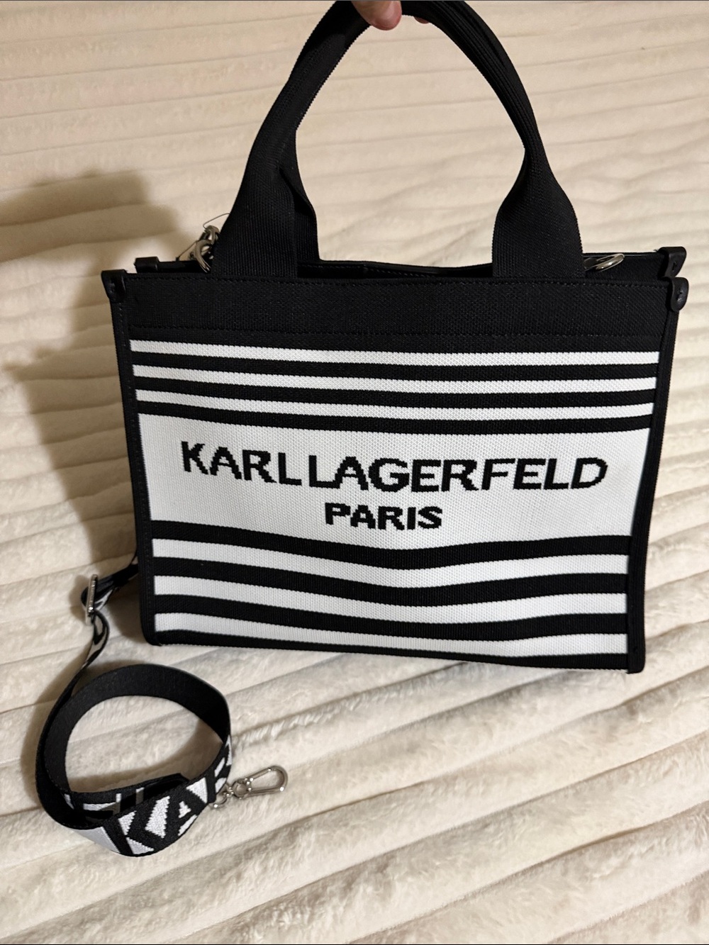 Karl Lagerfeld Black and White Striped Canvas Tote with Logo